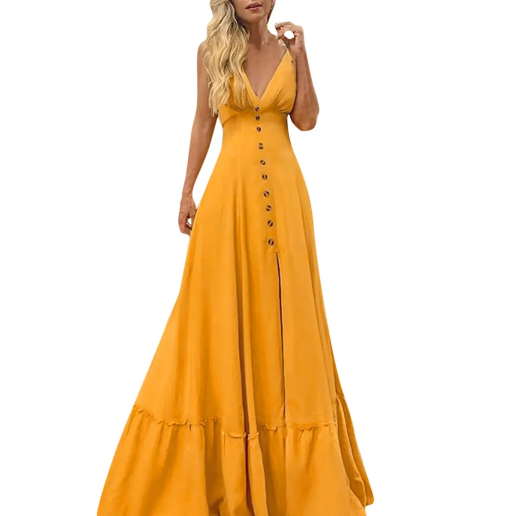 Модные женские вечерние длинные платья с пуговицами спереди и глубоким v-образным вырезом, платья в пол с большими оборками, элегантное платье макси Vestidos - Цвет: Цвет: желтый