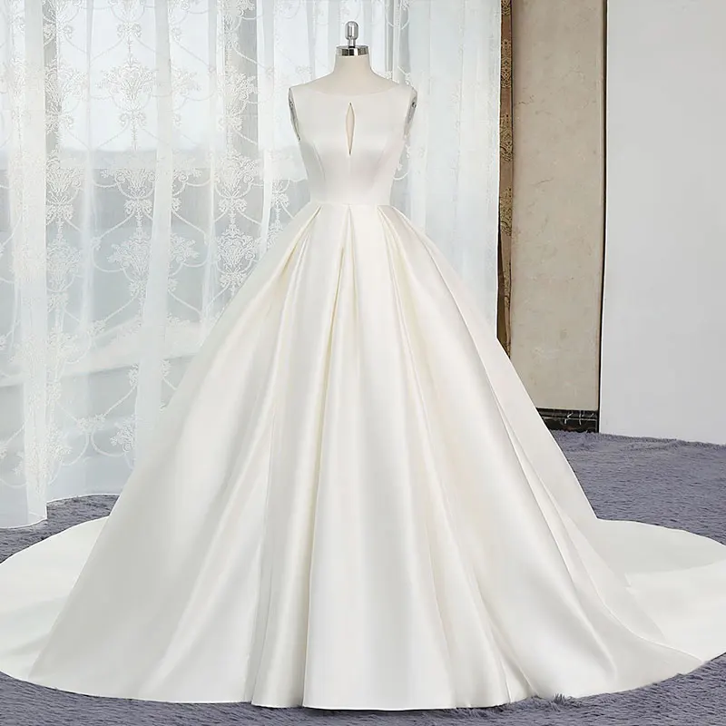 

Vintage Satin Boat Neck Vestidos De Novia Backless A-line Long Wedding Dresses 2019 Court Train Robe De Marriage Bridal Gown