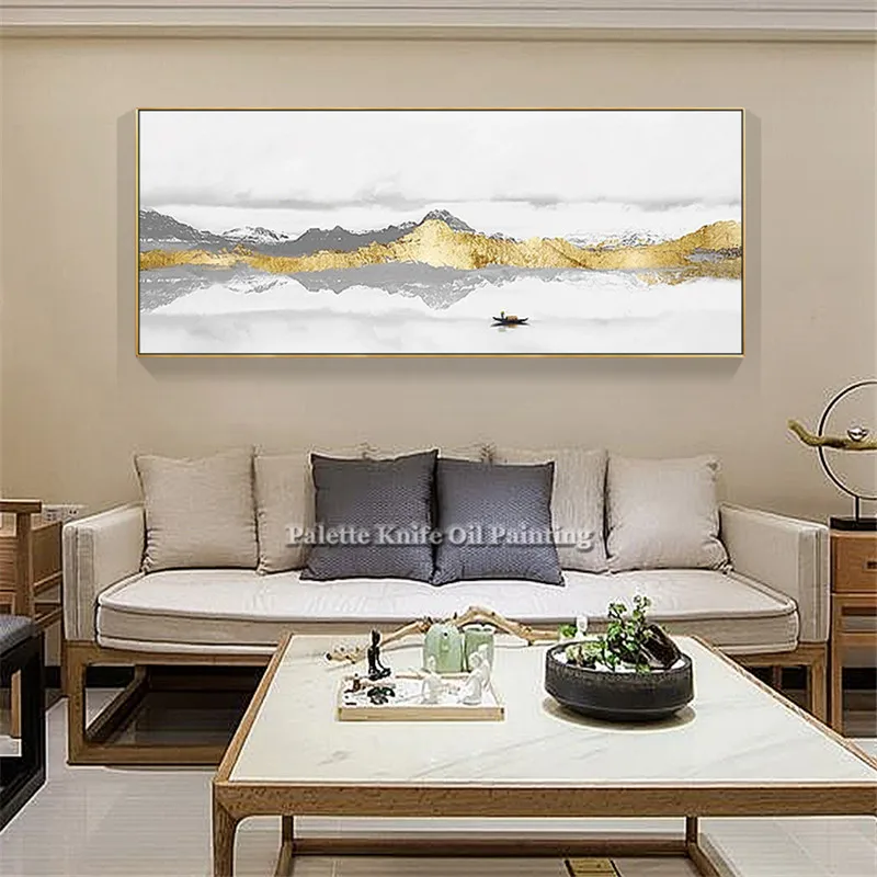 Абстрактное искусство Золотая картина с горами на холсте акриловый пейзаж настенная художественная живопись картины для гостиной настенный Декор quadros