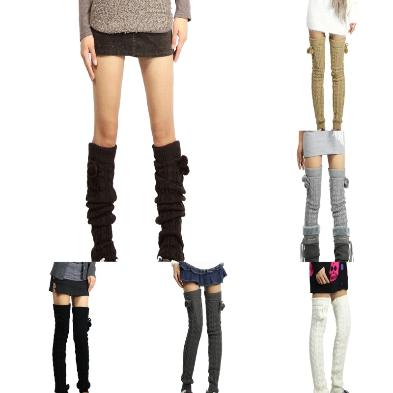 

THINKTHENDO Women Winter Leg Warmers Knee High Thigh High Tie Cable knitted Long Boot Socks