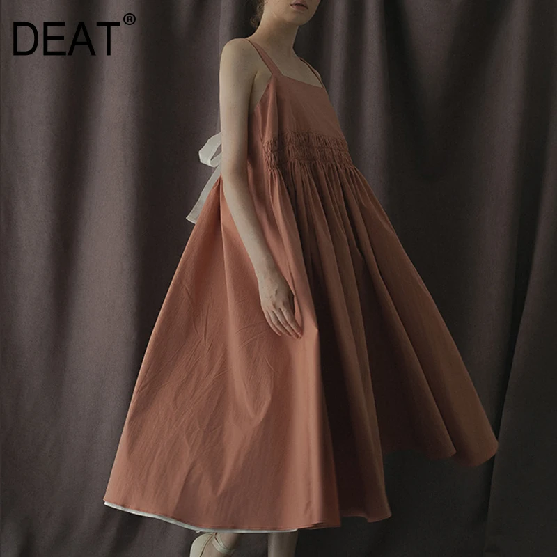 

[DEAT] 2019 New Spring Summer Spaghetti Strap Backless Bandage Pleated Split Joint Temperament Dress Women Fashion Tide JU39