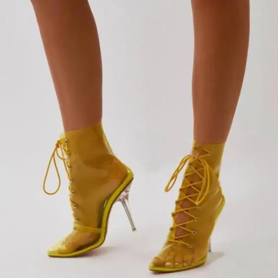 

Dipsloot Women Sexy PVC Transparent Leather High Heels Sandals Boots Ladies Pointed Toe Lace-up Summer Shoes Woman Dress Shoes
