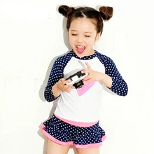 Обновленный милый купальный костюм в горошек с принтом сердца для девочек, костюмы из 2 предметов купальный костюм с длинными рукавами пляжная одежда для детей возрастом от 3 до 10 лет, S91106X