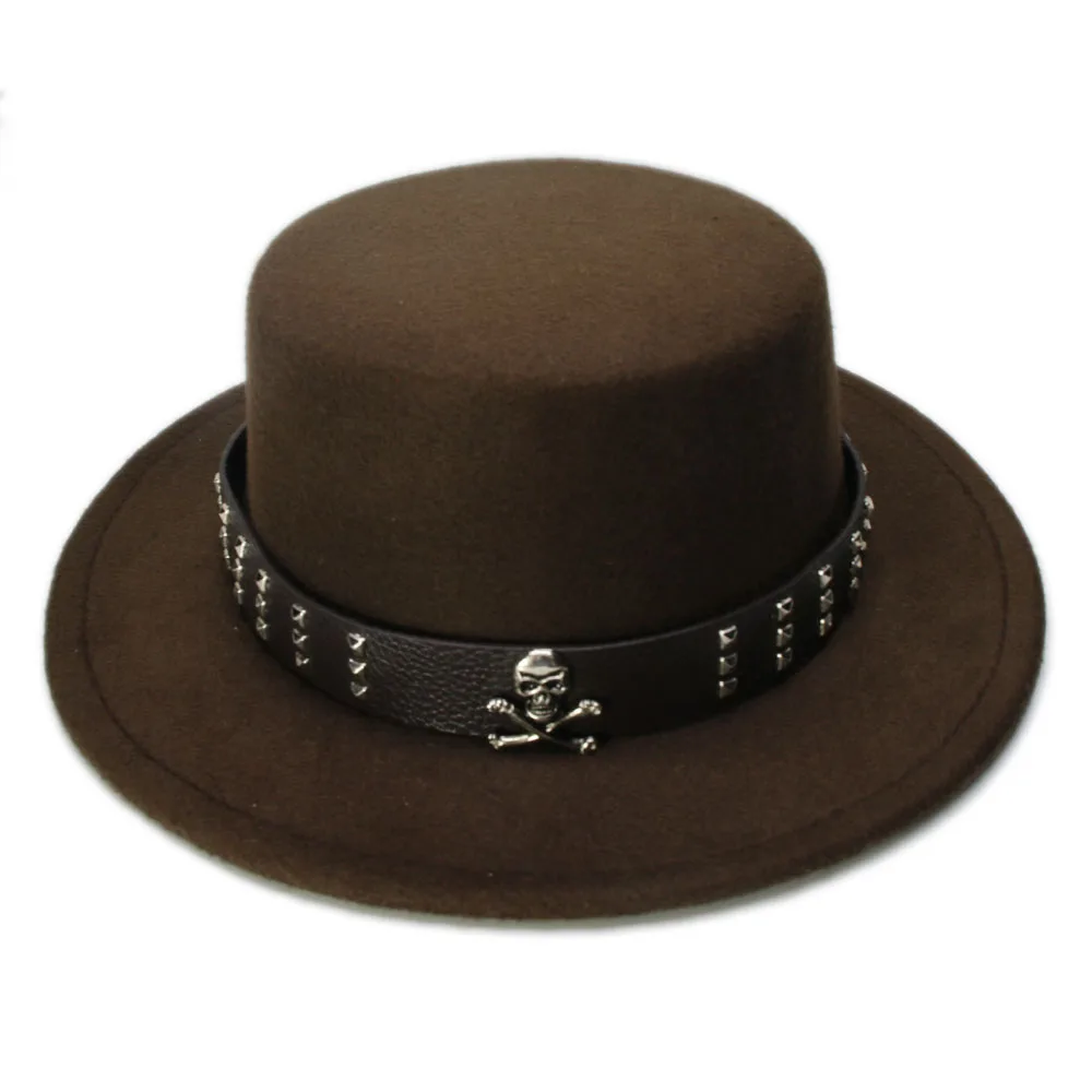 LUCKYLIANJI Women Men Vintage 100% Wool Wide Brim Top Cap Pork Pie Pork-pie Bowler Hat Skull Bead Leather Band (57cm/Adjust) straw fedora hat Fedoras