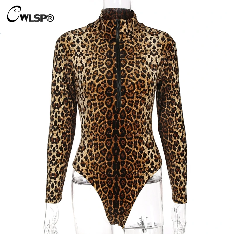 CWLSP Leopard Skinny Women Bodysuit With Zipper 2018 New Fashion Bodysuit Half Turtleneck Long Sleeve Jumpsuit Female QZ2652