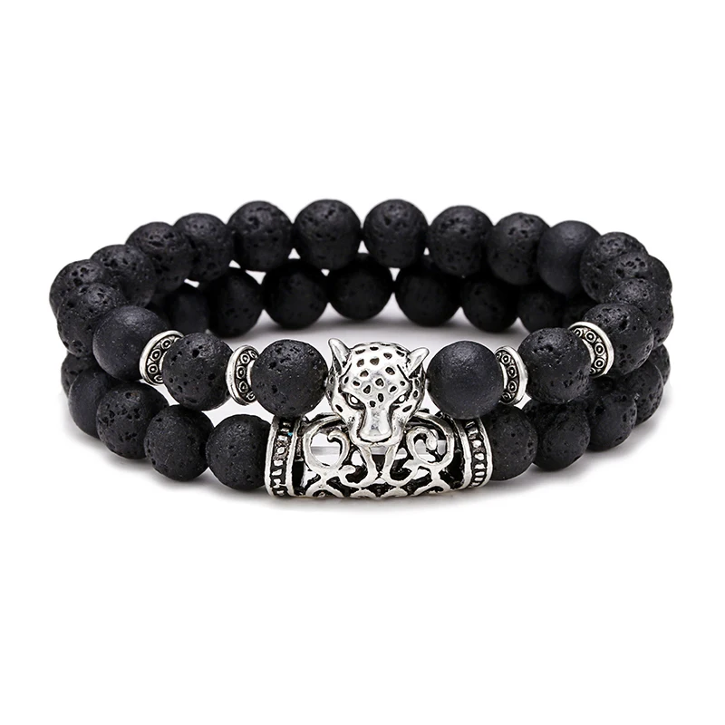 

2019 New Fashion 2pcs/set Beads Bracelet Men Vintage Silver Wolf Head Braslet For Homme Charm Tiger eyes Couple Braclet Pulseras