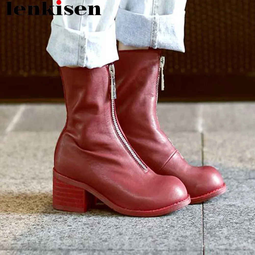 

High quality luxury cow leather plus size winter warmful boots front zipper design round toe square med heels mid-calf boots L20
