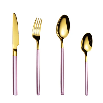 

IRONX 24 Pcs/Set Eco-Friendly 18/8 Stainless Steel Dinnerware Set Cutlery Dinner Set Western Pink White Tableware with gift box