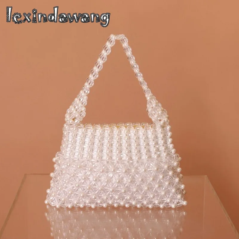 

Crystal Pearl Lady Tote Handbags Woven Vintage Flower Women Handbags Luxury Design Party Wedding Evening Bags Purses Pochette