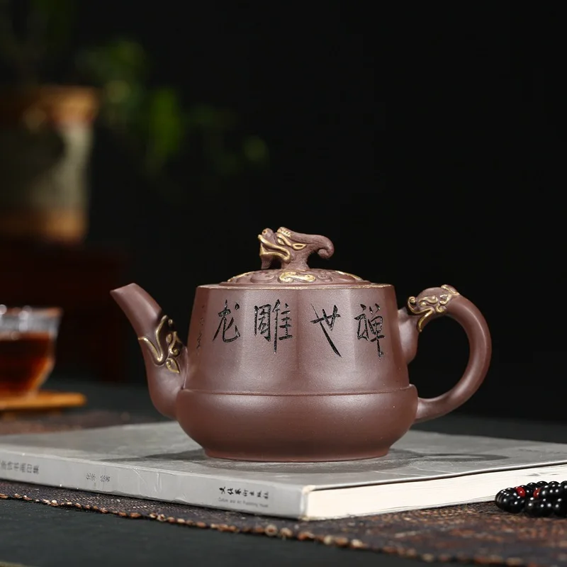 

Pottery Teapot Famous Full Hand Tuba Card Cover Kettle Heat Sell Square Kettle Chan Carving Dragon Teapot Gift Customized