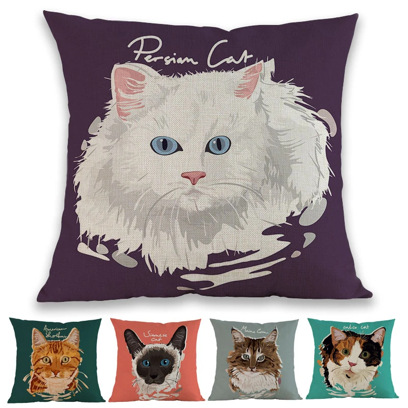 Fashion Home Sofa Hand-painted Cat Printed Cute Flax Pillow Cushion Cover FI