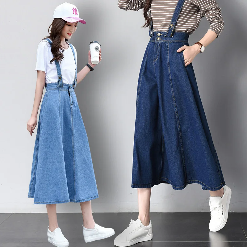 

Women Long Strap A-Line Denim Dress For Female Student Cowboy Vintage Blue Sundress Overalls Dress Vestidos New Summer Autumn