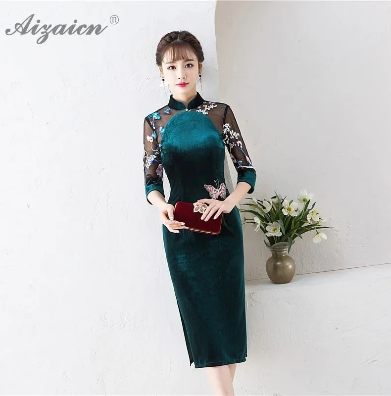 2019 новый бархат Cheongsam темно зеленый платья для женщин Chinoise Вышивка Длинные Qi Pao для Китайская традиционная костюмы вечернее платье