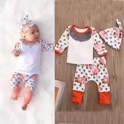 Новорожденных детская одежда для девочек Костюмы комплект 3 шт. Цветочный принт в горошек топы; одежда с длинными рукавами + брюки + шляпа 3