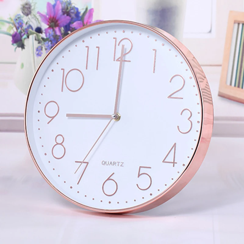 Современные настенные часы, 12 дюймов большие декоративные универсальные бесшумные крытые кварцевые круглые Настенные часы без тиканья для гостиной офиса - Цвет: Rose Gold