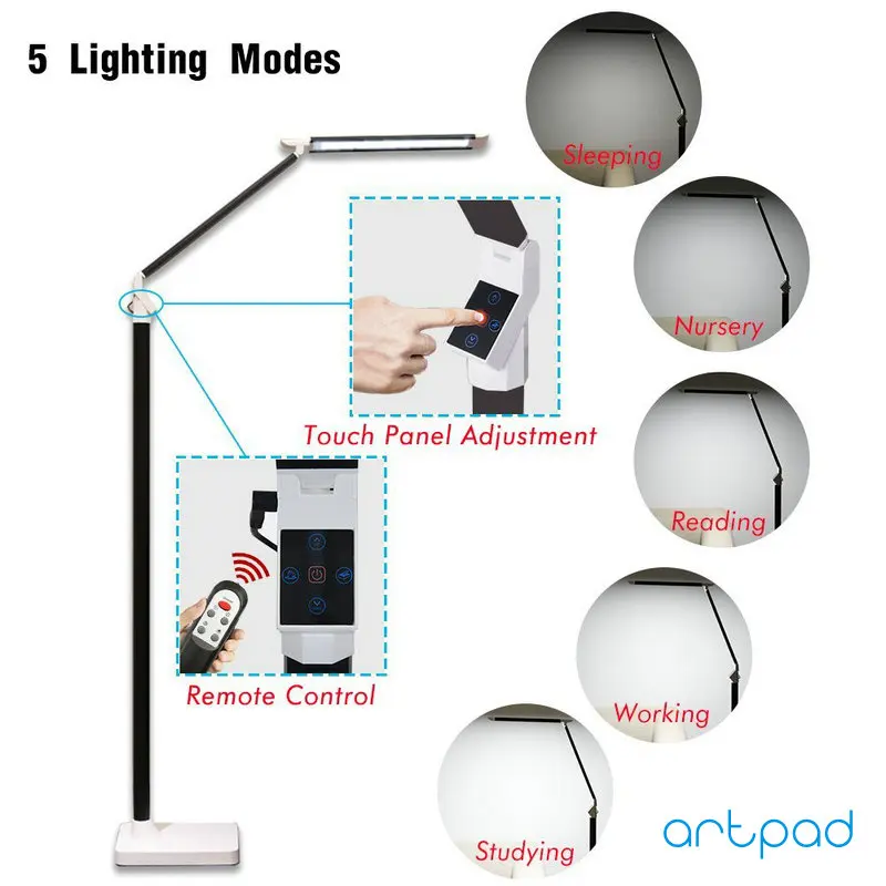 Artpad 12W Modern LED Piano Lamp Black White Aluminium Standing Study Office Floor Lamp With Remote Control Touch Dimmer