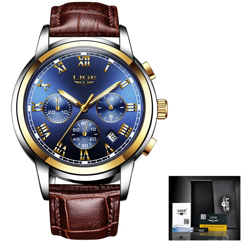 LIGE Роскошные брендовые автоматические механические часы, мужские кожаные водонепроницаемые деловые часы, мужские кварцевые часы, мужские часы - Цвет: Gold blue