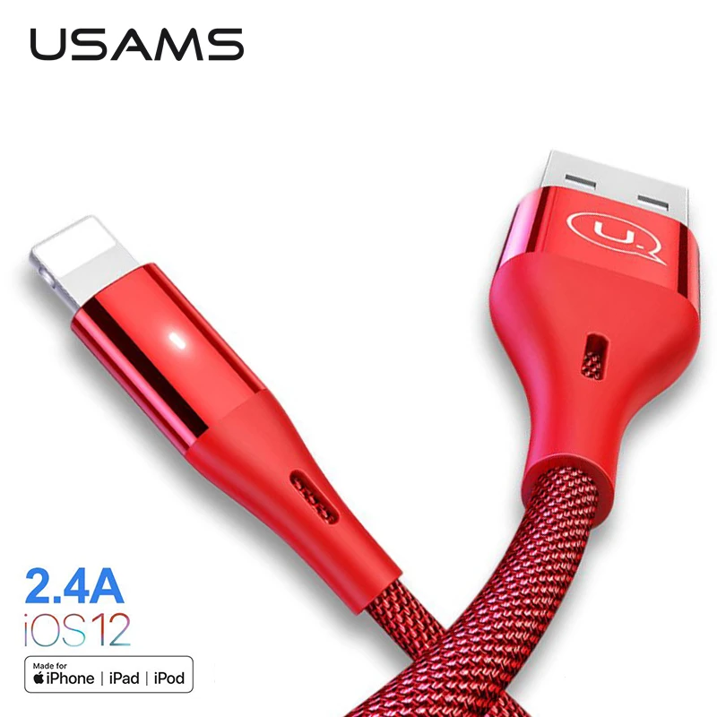 USAMS светодиодный usb-кабель для iPhone X, 8, 7, 5, 5S, se, iPad, 2,4 А, кабель для быстрой зарядки и передачи данных, шнур для зарядного устройства iPhone