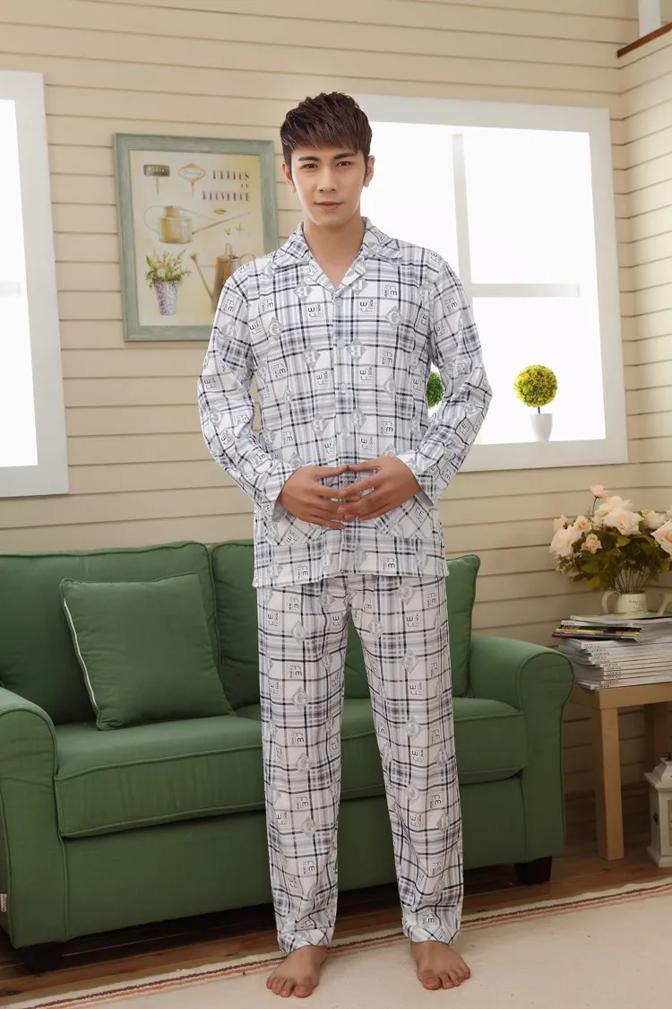 Для мужчин демисезонный хлопок пижамы для девочек мужской Пижама клетчатая комплект длинный рукав высокое качество