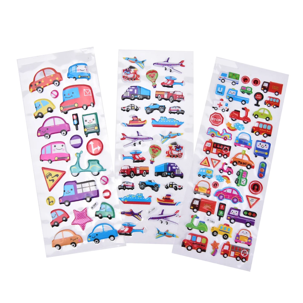 2PCS / lot Mixed Cartoon Bubble Stickers Transport Cars Children Kids Girls&Boys Cartoon Stickers Decoration Christmas Gift