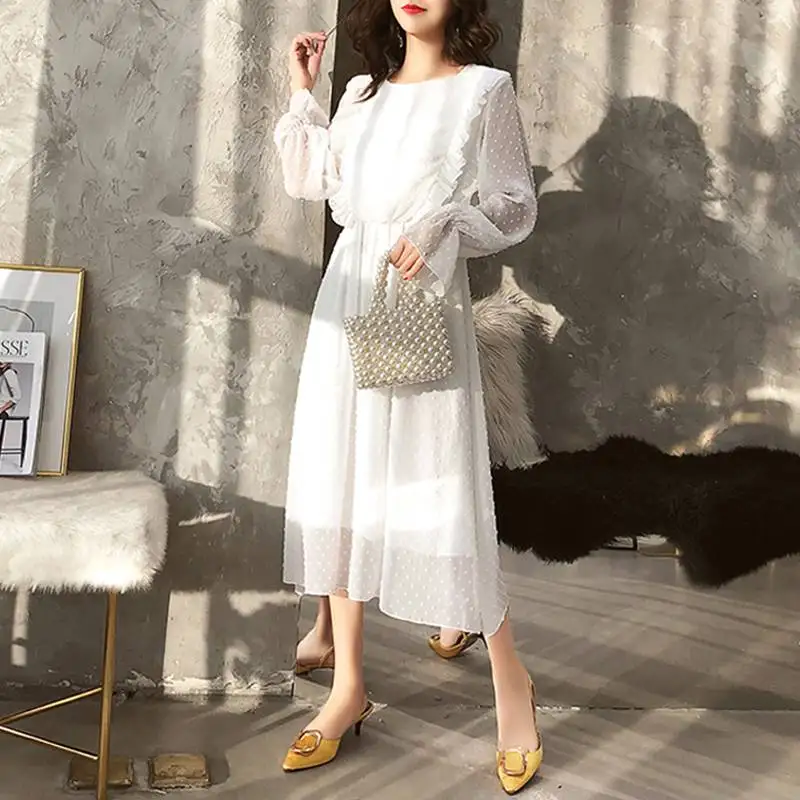 

Ruffles Polka Dot Women Chiffon Dress Elastic Waist Flare Sleeve Female Long Vestidos Retro A-line Woman Dress 2019