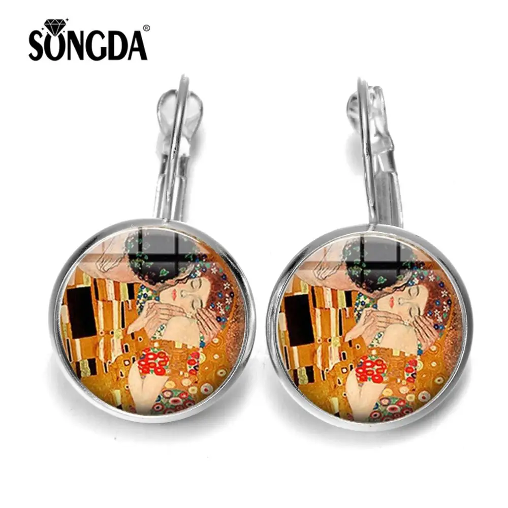 

SONGDA 2019 Vintage Famous Oil Painting Earrings for Women Gustav Klimt The Kiss Ear Studs Art Glass Cabochon Jewelry Handicraft