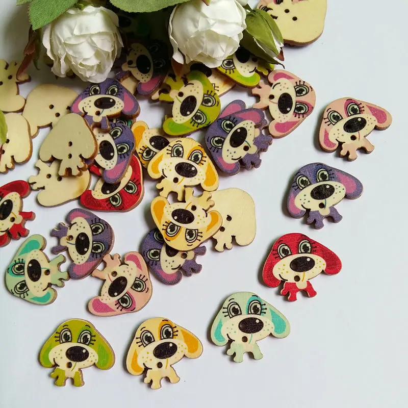 

120Pcs Mix Color Multicolor dog wooden Buttons 2 Holes Random Printing Botones Wood buttons Sewing Accessories Scrapbook 26*30mm