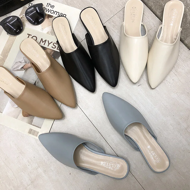 

2019 Summer New Style Women Slippers Pu Leather Pointed Toe Slipper Desinger Shoes Cover Toe Slides Woman zapatos mujer 7318