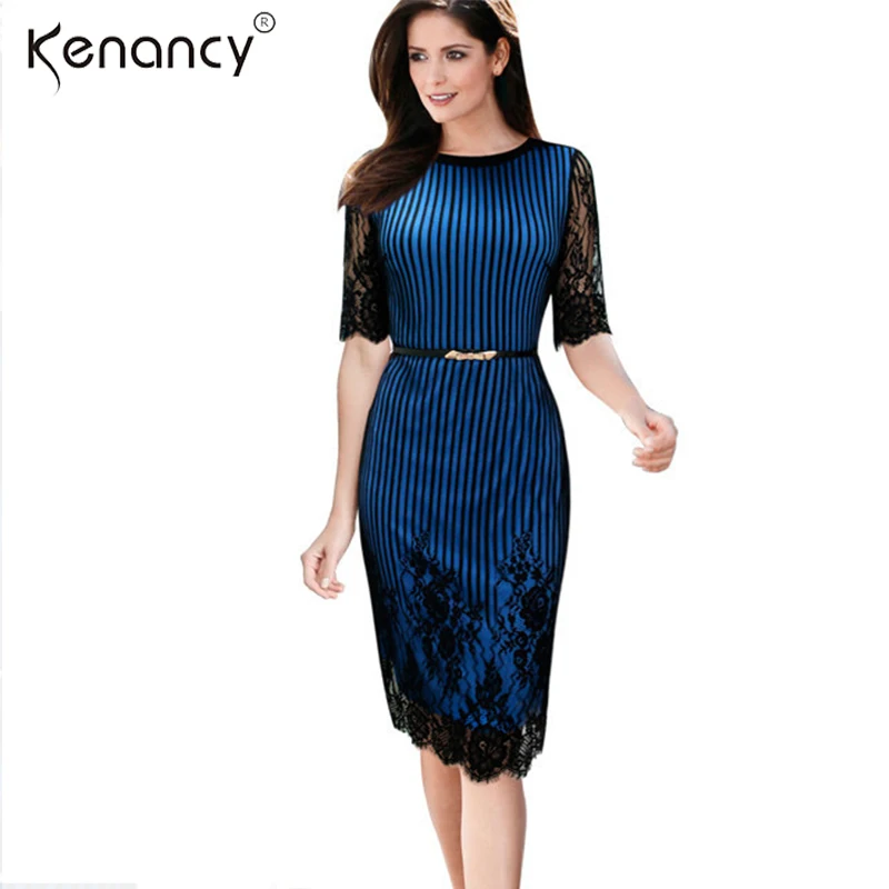 Kenancy 2XL 2018 Belted Sexy Striped Floral Lace Dress Women Party Half Sleeve Knee-Length Vestidos Contrast Color Recommend Kenancy 2XL 2018 Belted Sexy Striped Floral Lace Dress Women Party Half Sleeve Knee-Length Vestidos Contrast Color Recommend