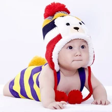 Hot Colorful Crochet New Born Baby Hat Stripe Pattern Cartoon Bear Design Thicken Kids Winter Caps