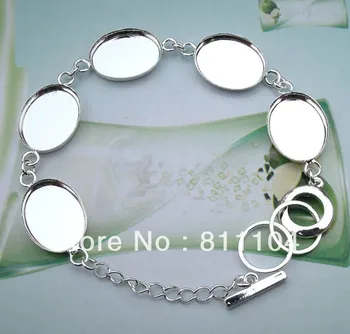 

13x18mm Silver Plated Brass Blank Bracelet Settings Round Bezel Chain Bangle Bracelet Bases Cameo DIY Crafts Findings