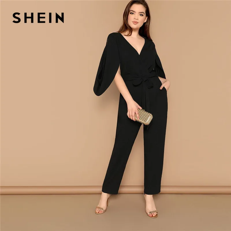 

SHEIN Plus Size Women Black V Neck Cape Sleeve Tailored High Street Jumpsuit Office Lady Cutout Sleeve Belted Solid Jumpsuits