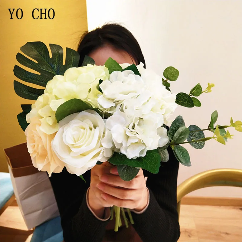 

YO CHO Wedding Bouquet Bride Bridesmaid Rose Hydrangea Bouquet Artificial Silk Flower Tropical Palm Leaves Home Wedding Supplies