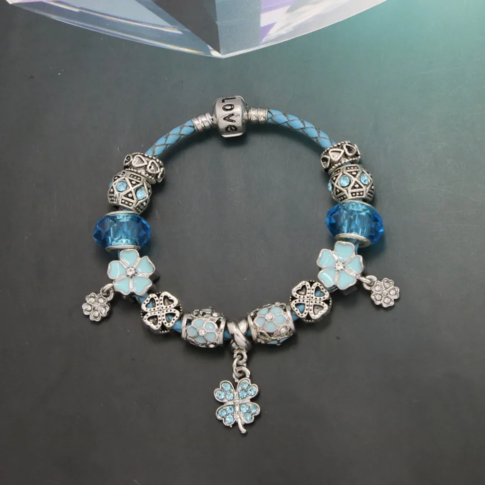 Европейская Лента Шарм браслет и подвески женский роскошный бренд цепь с хрустальными бусинами Кожа Веревка браслет ювелирный подарок
