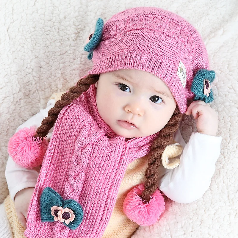 2 piece/ set baby winter with braid hat scarf for new born bebe. kid warm cap and free shipping | Детская одежда и обувь