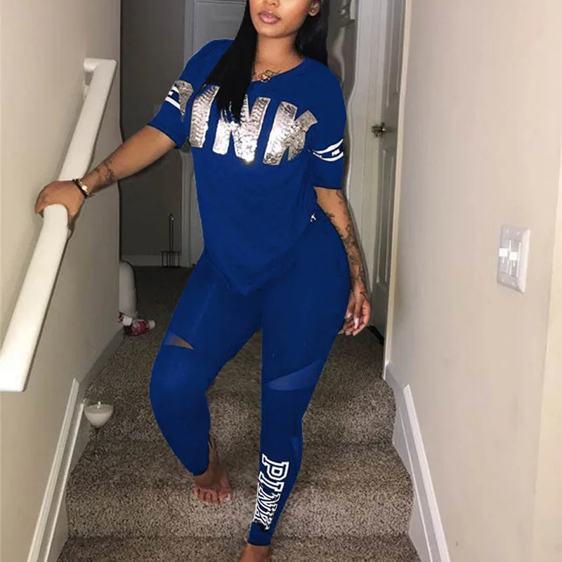 Plus Size Pink Clothing Women Two Piece Set Matching Sets Casual Letter Print Pink 2 Piece Outfits Women Sportswear Tracksuit - Цвет: Blue