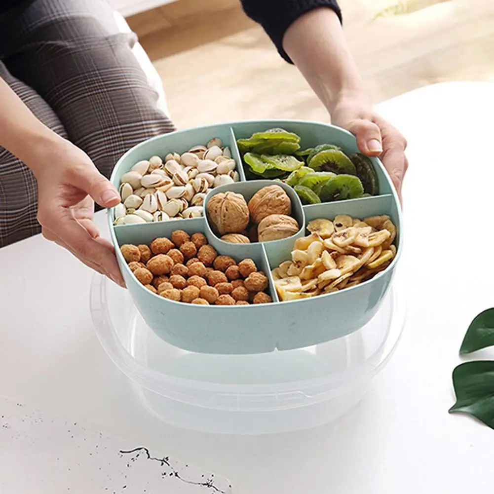 

Double Layer 5 Sectional Divided Snacks Serving Tray Dish Plate with Clear Lid