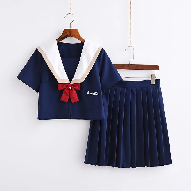 

Dark Blue Hot Korean Uniform School Snow White Embroideried School Uniform Cosplay Student Jk Top+Skirt+Tie S-XXL
