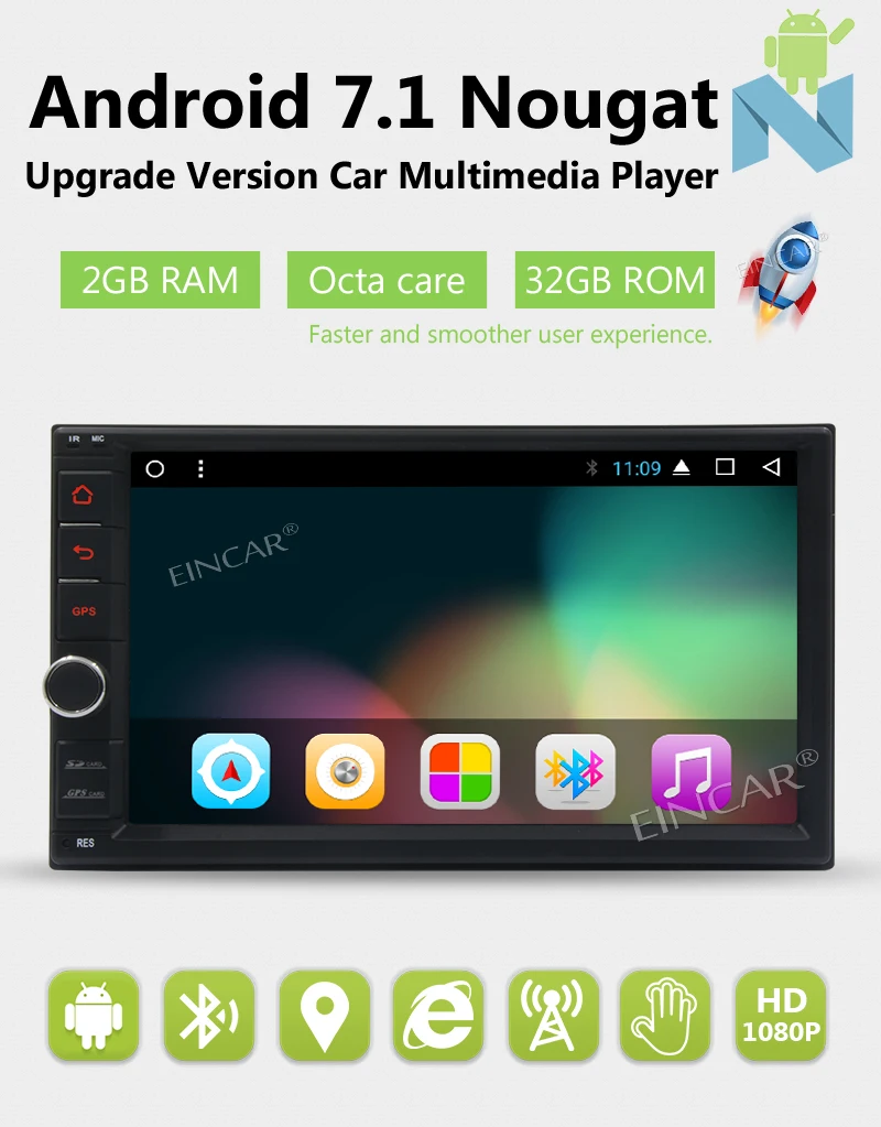 Excellent Android Stereo 7.1 Headunit with support GPS Navigation Handsfree Bluetooth Wifi/4g/3g/Mirror Link OBD USB/SD Autoradio Free Map 2