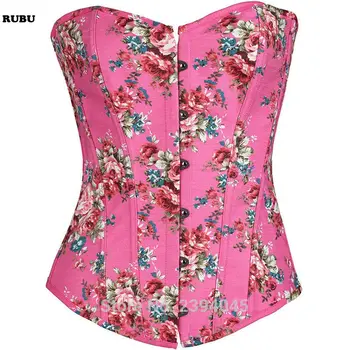 

Pink Green Floral Pattern Denim Zipper Corset Top Burlesque Cowgirl Sexy Corsets And Bustiers Gothic Corpete