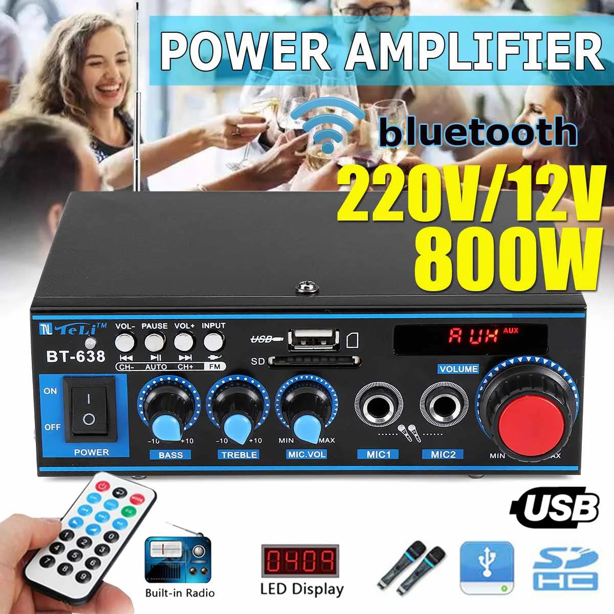 

800W EU lug 12V 220V Audio Power Amplifier Car Home Theater Amplifiers with Remote Control Support FM USB For SD Card Blue tooth