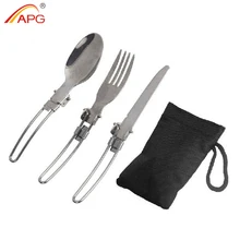APG Portable Folding Spoon Fork 3 in 1 Camping Survival Set Outdoor Camping Picnic Tableware with Bag
