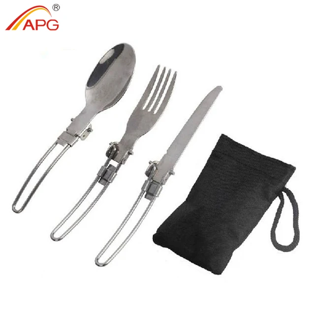 APG Portable Folding Spoon Fork 3 in 1 Camping Survival Set Outdoor Camping Picnic Tableware with Bag