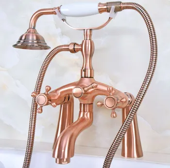 

Antique Red Copper Brass Dual Cross Handles Deck Mounted ClawFoot Bath Tub Faucet Mixer Tap With Hand Shower Spray mna154