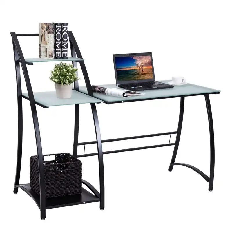 Glass Top Writing Study Table Computer Desk With Shelves Laptop