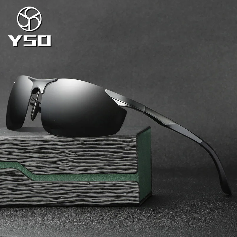 

YSO Sports Design Sunglasses Men Polarized UV400 Black Aluminium Magnesium Frame Glasses Driving Rimless Sunglass For Men 8179