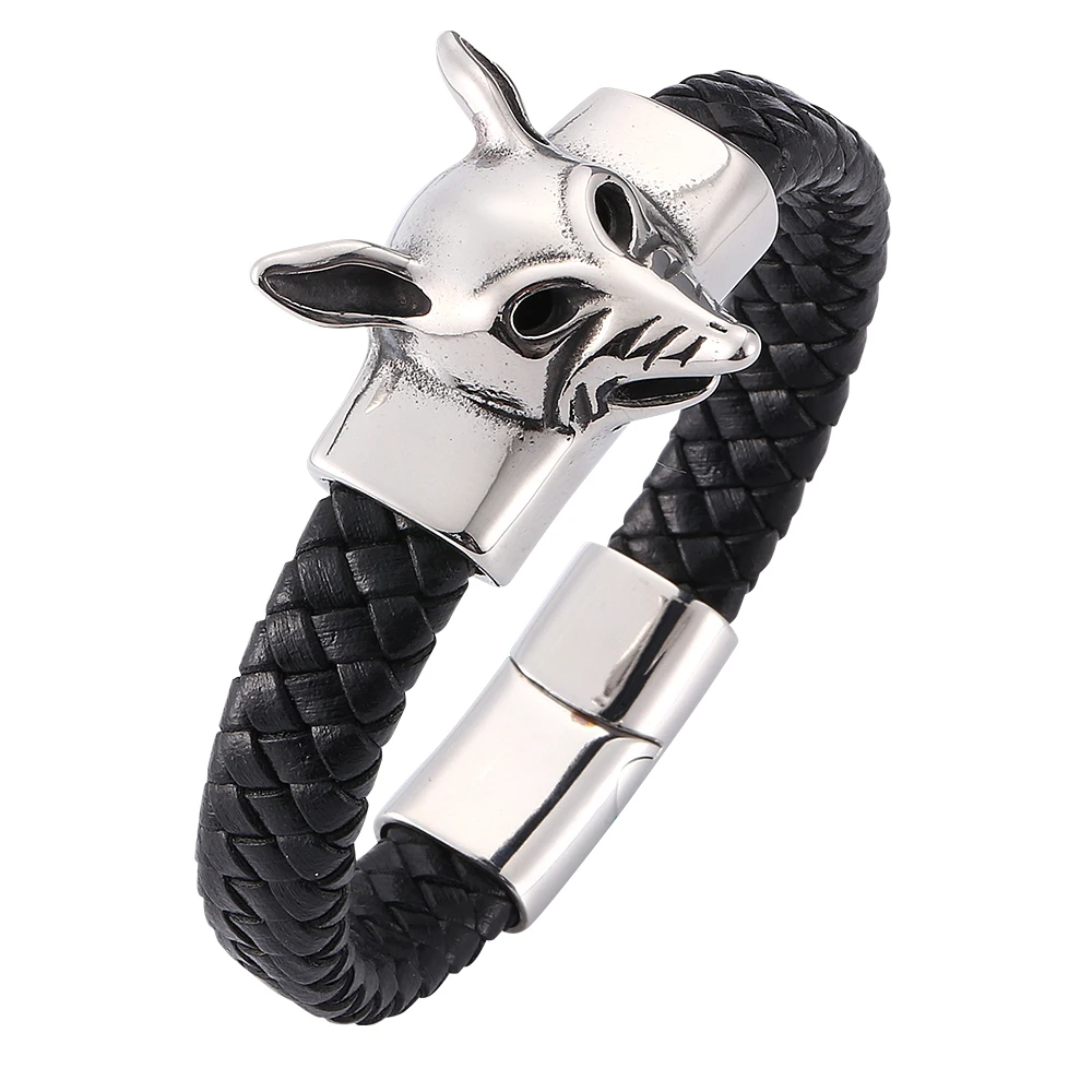 

Personality fox men's black woven leather bracelet Stainless steel magnetic buckle fashion glamour bracelet 7-SP0279