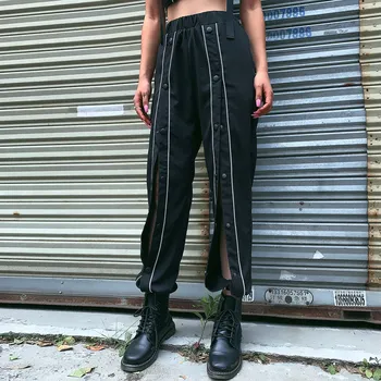 

Shestyle Button Up Reflective Casual Jogger Pant Women Black High Waist Pockets Loose Summer Autumn Cargo Pants Girls Streetwea
