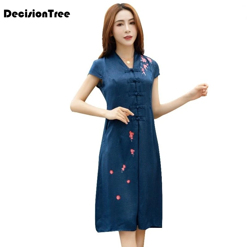 

2019 summer cotton linen retro flower embroidery cheongsam short sleeve cheongsam dress women chinese style dress qipao dress