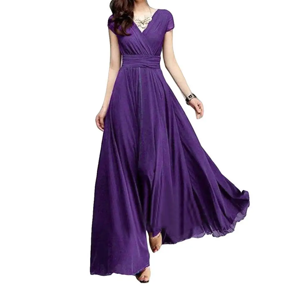 

Women Dress Plus SizeSolid Color Women Party Gown V Neck Short Sleeve Slim Fit Maxi Dress Boho Sexy Party Dress Robe Femme